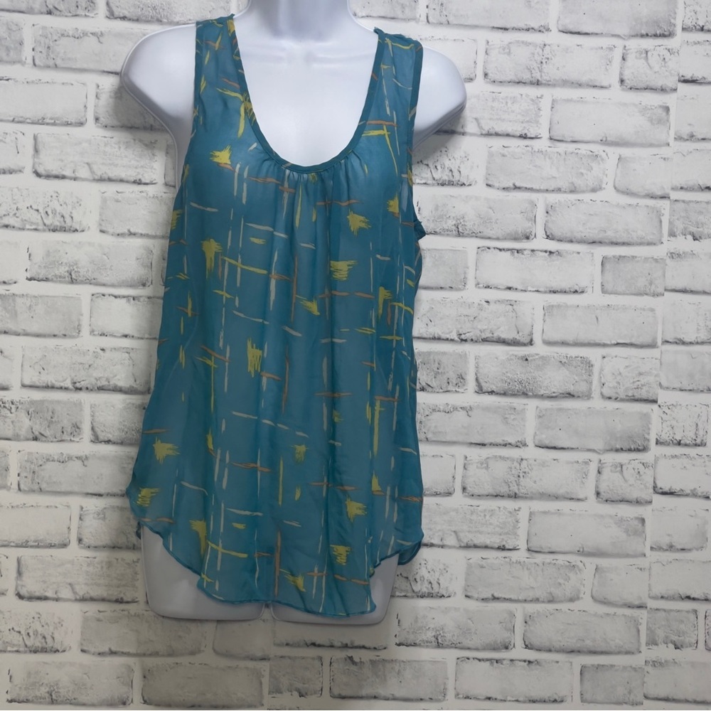 MINE Semi Opaque Multicolored Abstract Ruffled Back Tank Top Medium